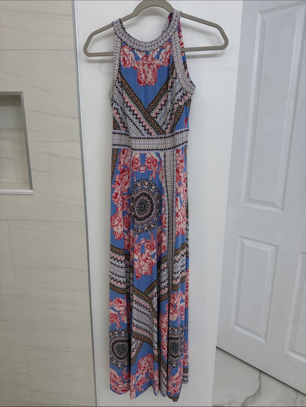 NWT INC Halter Sleeveless Floral Blue Maxi Dress Size Small Petite